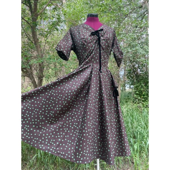 Vintage 1940s Brown Polished Cotton Floral Dress Art Deco - Picture 4 of 16